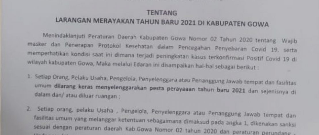 Bupati Gowa Keluarkan Surat Edaran Larangan Perayaan Tahun Baru