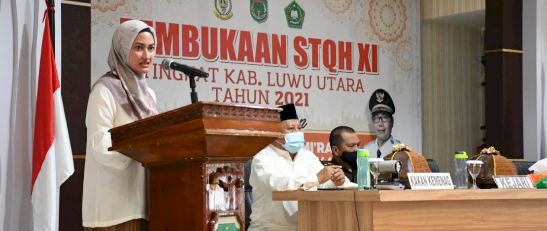 Bupati Luwu Utara, Indah Putri Indriani (IDP), saat membuka STQH XI di Aula La Galigo Kantor Bupati.