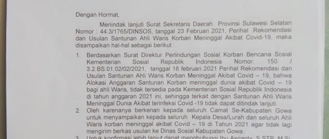 Ahli Waris Pasien Covid-19 yang Meninggal Tak Lagi Dapat Santunan, Dinsos Gowa : Keputusan SE Kemensos
