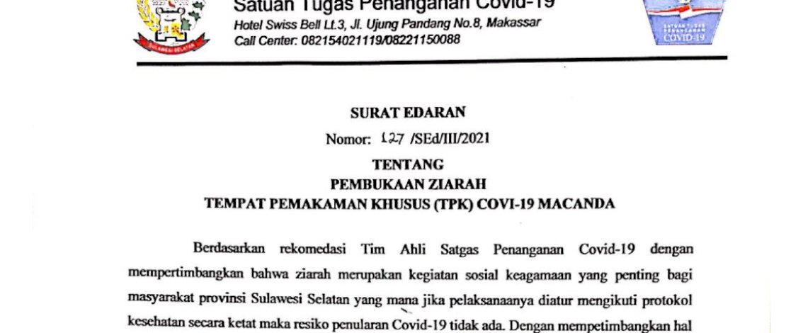 Plt Gubernur Sulsel Izinkan Ziarah ke Makam Covid Macanda, Ini Syaratnya