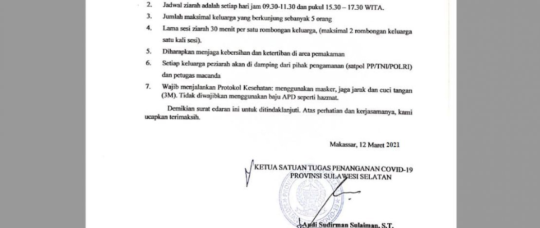 Plt Gubernur Sulsel Izinkan Ziarah ke Makam Covid Macanda, Ini Syaratnya