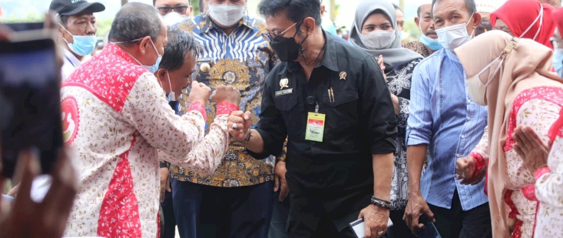 PANEN RAYA. Menteri Pertanian Syahrul Yasin Limpo melakukan panen raya padi di lahan seluas 1.000 hektar (ha) sekaligus melakukan gerakan serap gabah petani, di Desa Je’netaesa, Kecamatan Simbang, Kabupaten Maros, Sabtu, 20 Maret 2021. 