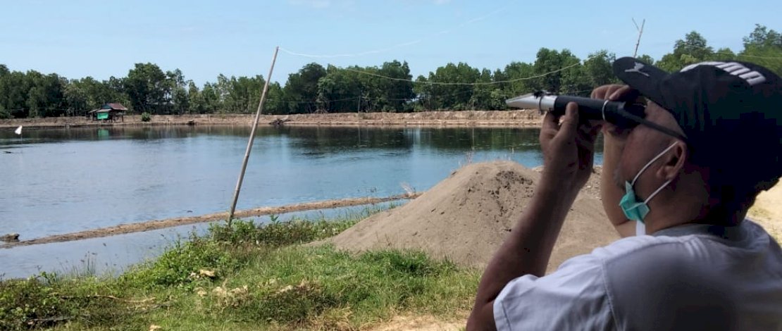 Kepala Unit Pelaksana Teknis Perikanan Budidaya Air Payau/Laut (UPT PBAPL) Dinas Perikanan Sulsel, Basri Hamal, langsung turun ke lokasi begitu mendapat laporan ada udang mati mendadak.