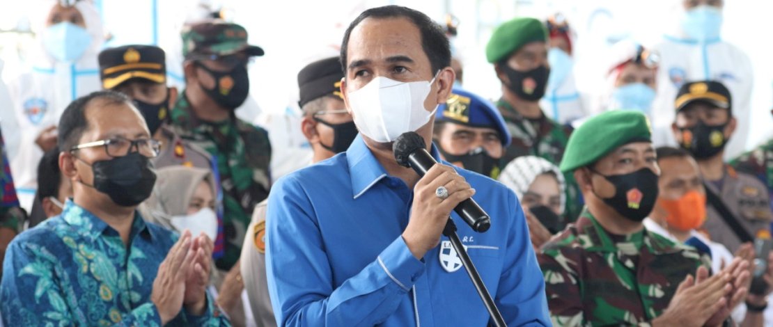 Ketua DPRD Makassar, Rudianto Lallo, saat menghadiri Peresmian Makassar Covid Hunter, yang dilaksanakan di Lapangan Karebosi, Jumat, 4 Juni 2021.
