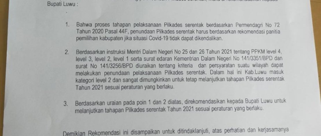 Rekomendasi DPRD Luwu yang meminta pilkades serentak di Luwu dilanjutkan.