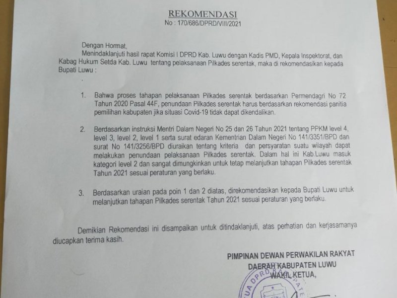 Kemendagri Imbau Tunda Pilkades Serentak, DPRD Luwu Rekomendasikan Lanjut