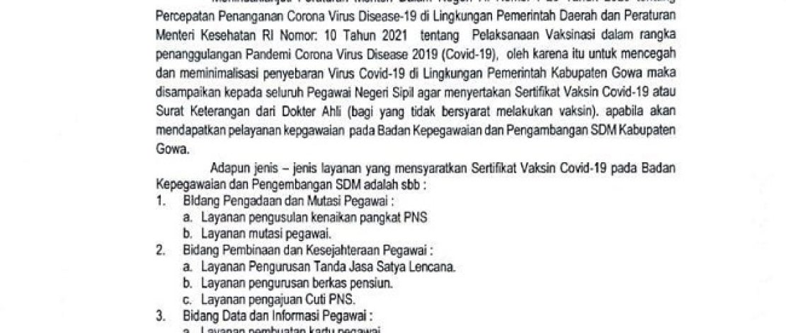 Usul Kenaikan Pangkat, ASN Gowa Harus Lampirkan Sertifikat Vaksin Covid-19