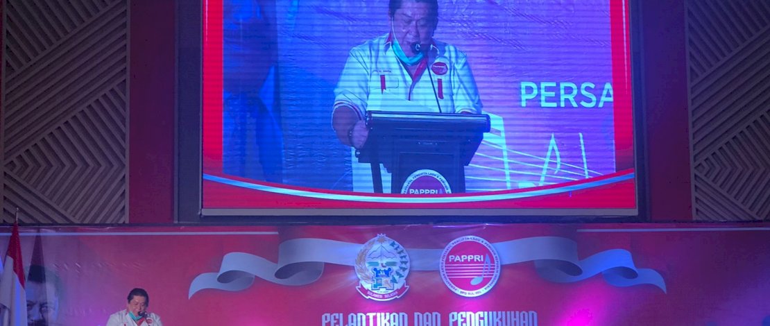 Sekjen PAPPRI, Jhoni Maukar saat memberi sambutan pada pelantikan dan pengukuhan pengurus PAPPRI Sulsel, Minggu, 22 Agustus 2021.