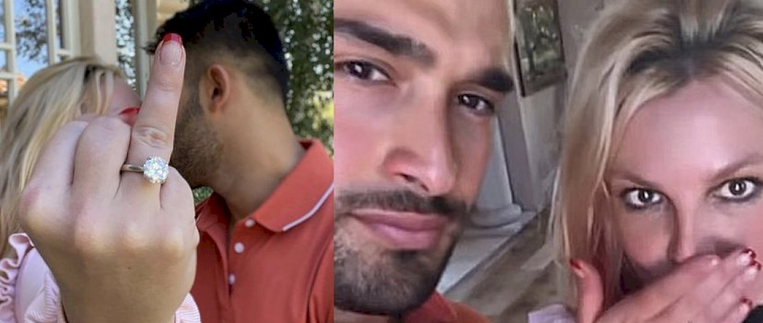 Potret Britney Spears dan Sam Asghari. Britney tampak memamerkan cincin berlian yang dirancang khusus untuknya. 