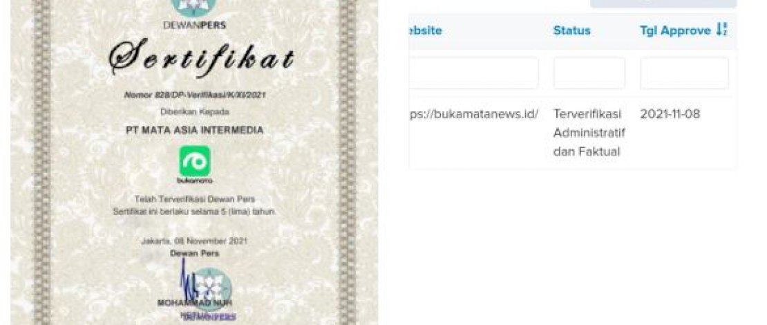 Sertifikat Terverifikasi Administrasi dan Faktual dari Dewan Pers untuk Bukamatanews.id