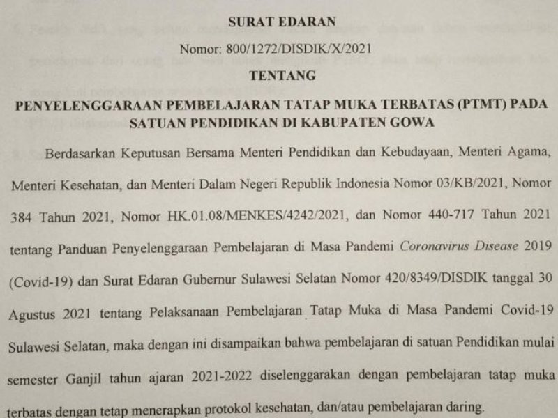 Pemkab Gowa Mulai Terapkan Pembelajaran Tatap Muka Terbatas