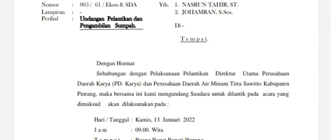 Dirut PDAM Tirta Sawitto dan PD Karya Pinrang Segera Dilantik