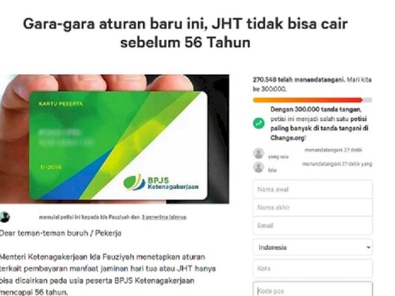 270.000 Akun Tandatangai Petisi Tolak Aturan JHT Cair di Usia 56 Tahun
