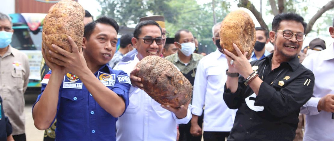 Menteri Pertanian Syahrul Yasin Limpo melepas ekspor chip porang ke Cina sebanyak 110 ton atau senilai Rp 4 miliar, di pabrik porang PT Insan Agro Sejahtera di Dusun Panjojo, Desa Lassang Barat, Kecamatan Polombangkeng Utara, Kabupaten Takalar, Sabtu, 9 Juli 2022.