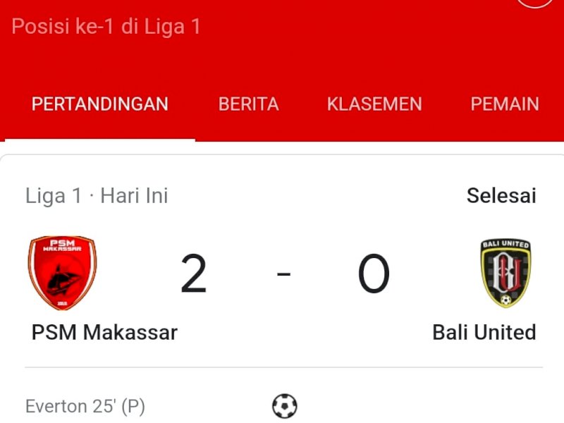 Skor 2-0, PSM Makassar Pecundangi Bali United