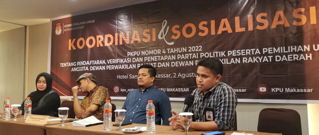 KPU Makassar menggelar koordinasi dan sosialisasi PKPU No 4 Tahun 2022 tentang pendaftaran, verifikasi dan penetapan partai politik.
