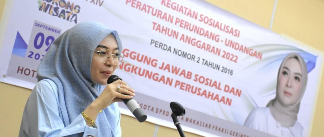 Budi Hastuti saat menggelar Sosialisasi Peraturan Daerah (Perda ) Nomor 2 Tahun 2016 tentang Tanggung Jawab Sosial dan Lingkungan Perusahaan (TJSLP), di Hotel Khas Makassar, Jl Andi Mappanyukki, Jumat, 9 September 2022.
