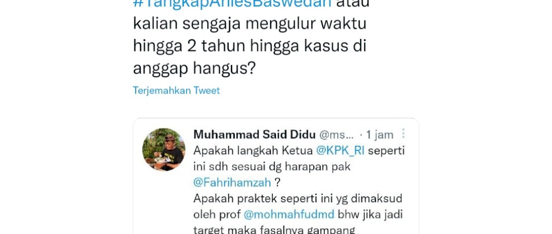 Tangkapan layar warganet masing-masing menggunakan tagar #tangkapaniesbaswedan dan tagar #saveaniesbaswedan