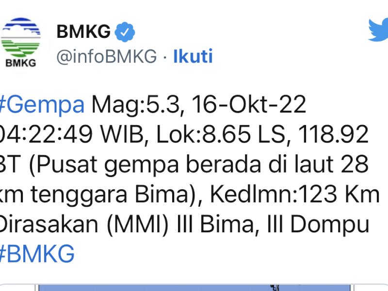Gempa M 5,3 Guncang Bima 
