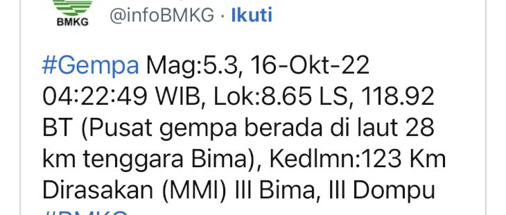 Gempa M 5,3 Guncang Bima 