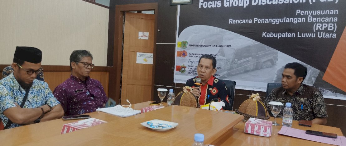 Badan Penanggulangan Bencana Daerah (BPBD) Kabupaten Luwu Utara menggelar Focus Group Discussion (FGD) Penyusunan Rencana Penanggulangan Bencana (RPB), di Ruang Rapat Wakil Bupati Luwu Utara, Kamis, 20 Oktober 2022.