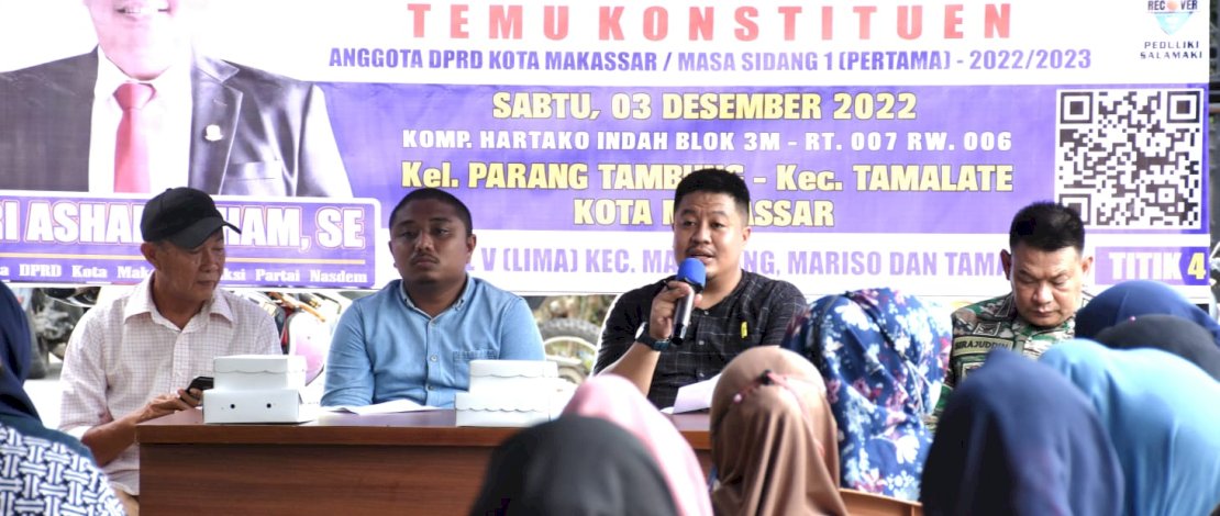 Anggota DPRD Kota Makassar, Ari Ashari Ilham, melakukan temu konstituen di Kompleks Hartaco Indah Blok 3M, RT 07 RW 06, Kelurahan Parangtambung, Kecamatan Tamalate, Makassar, Sabtu, 3 Desember 2022.
