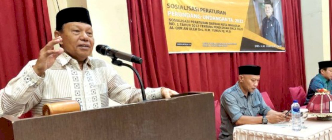 Anggota DPRD Kota Makassar, HM Yunus menggelar sosialisasi peraturan daerah (Perda) nomor 1 tahun 2012 tentang Pendidikan Baca Tulis Alquran, di Hotel Marina, Selasa (29/11/2022).