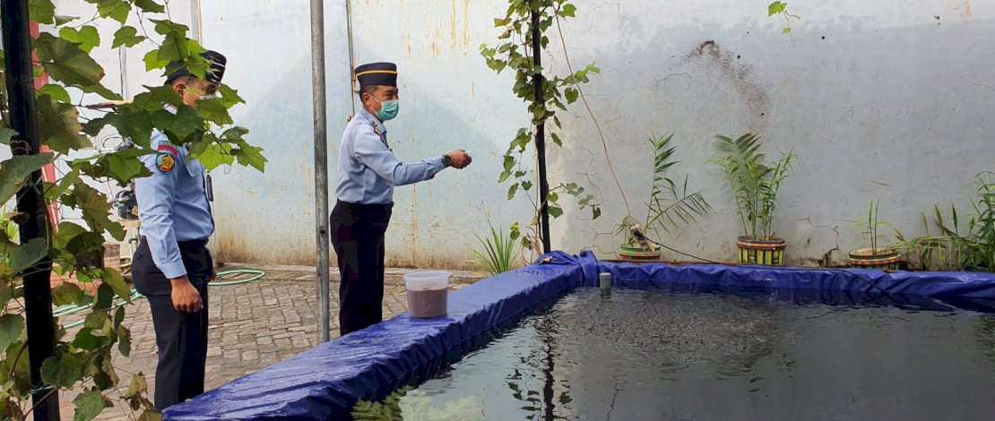 Kepala Rutan Kelas I Makassar, Moch Muhidin, meninjau kolam bioflok budidaya ikan lele yang terletak di area Sarana Asimilasi Edukasi (SAE) samping Gedung perkantoran.