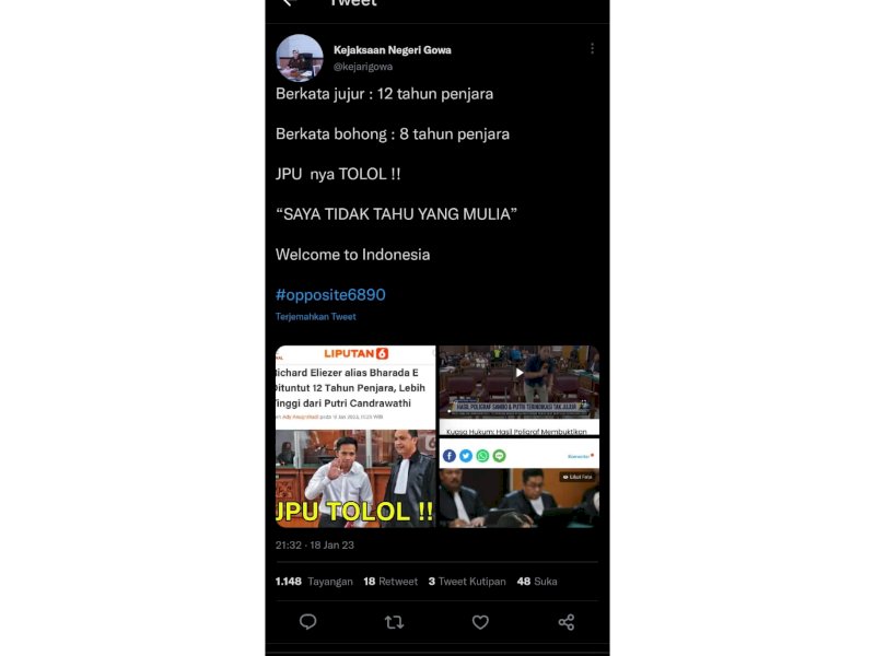 Heboh! Twitter Kejari Gowa Diduga Diretas, Posting Soal Bharada E