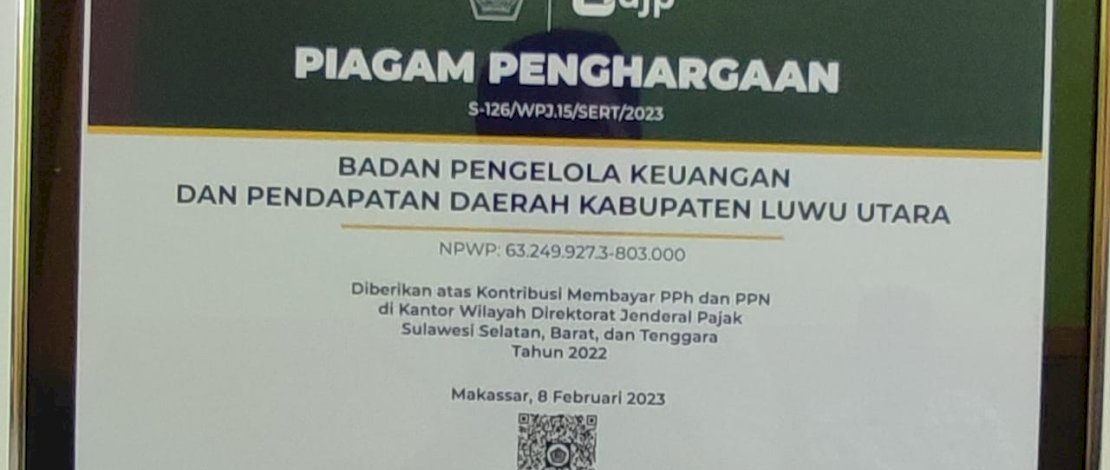 Masuk Kategori Pemungut Pajak Besar, Pemda Luwu Utara Raih  Penghargaan  Kanwil DJP Sulselbartra