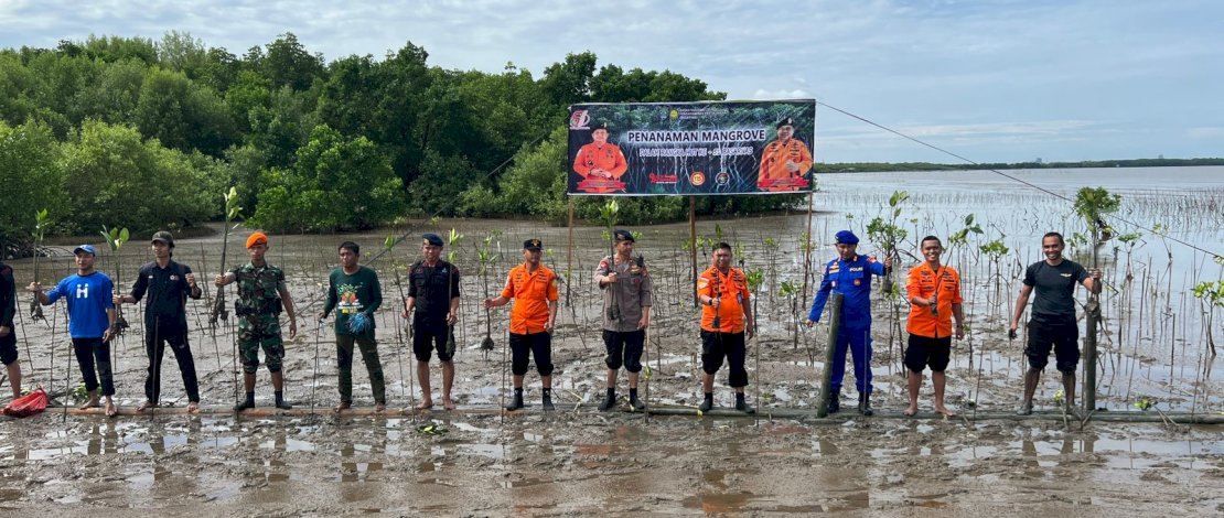 Basarnas Sulawesi Selatan (Sulsel) menggelar aksi penanaman 501 bibit Mangrove di pesisir Pantai Untia, Kecamatan Biringkanaya, Makassar, Kamis 23 Februari 2023.