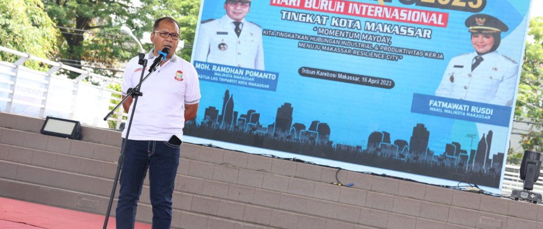 Danny Pomanto dalam sambutannya pada acara Ramadan May Day Expo di Karebosi, Minggu, 16 April 2023.