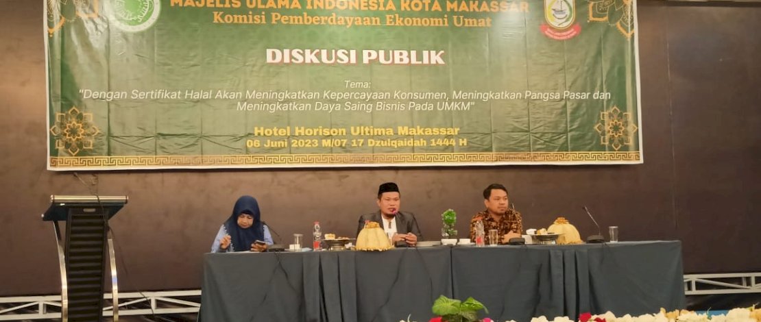 Dewan Pimpinan  Majelis Ulama Indonesia (MUI) Kota Makassar melalui Komisi Pemberdayaan Ekonomi Ummat menggelar diskusi publik dengan UMKM tentang manfaat sertifikasi halal.