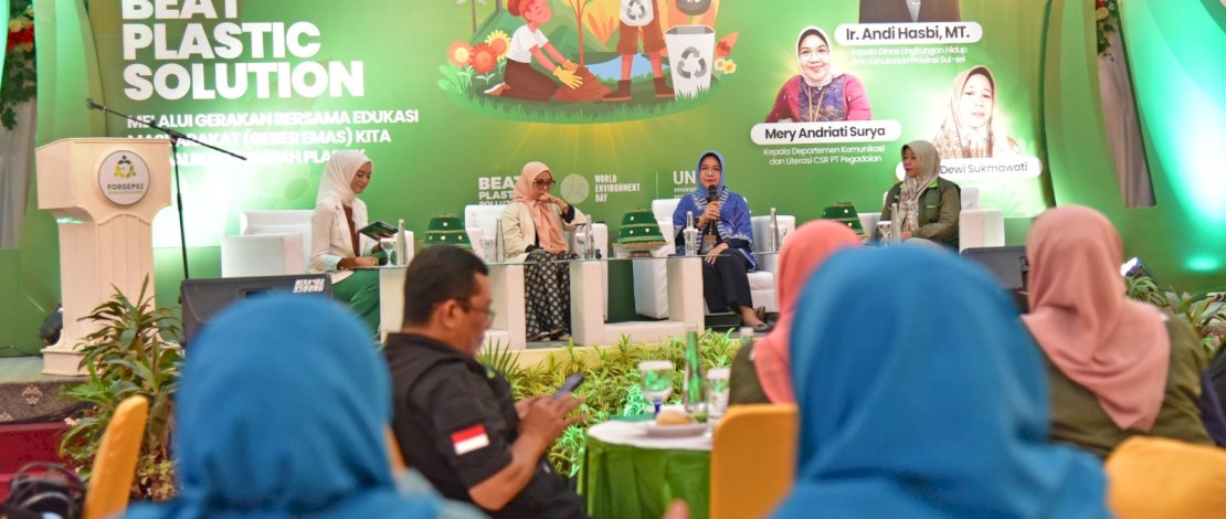 Talkshow Beat Plastic Solution, Melalui Gerak Bersama Edukasi Masyarakat (Geber Emas) Kita Kendalikan Sampah Plastik, yang dilaksanakan di Gedung PKK Sulsel, Jumat, 23 Juni 2023.