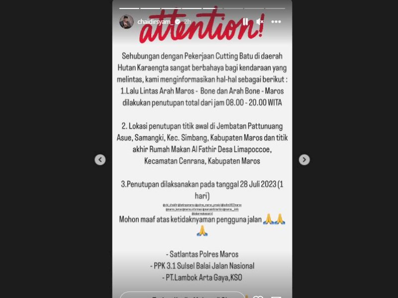 Ada Pengerjaan Cutting Batu, Pemerintah Maros  Bakal Tutup  Full Jalur Lalu Lintas Maros-Bone , Berikut Jadwalnya