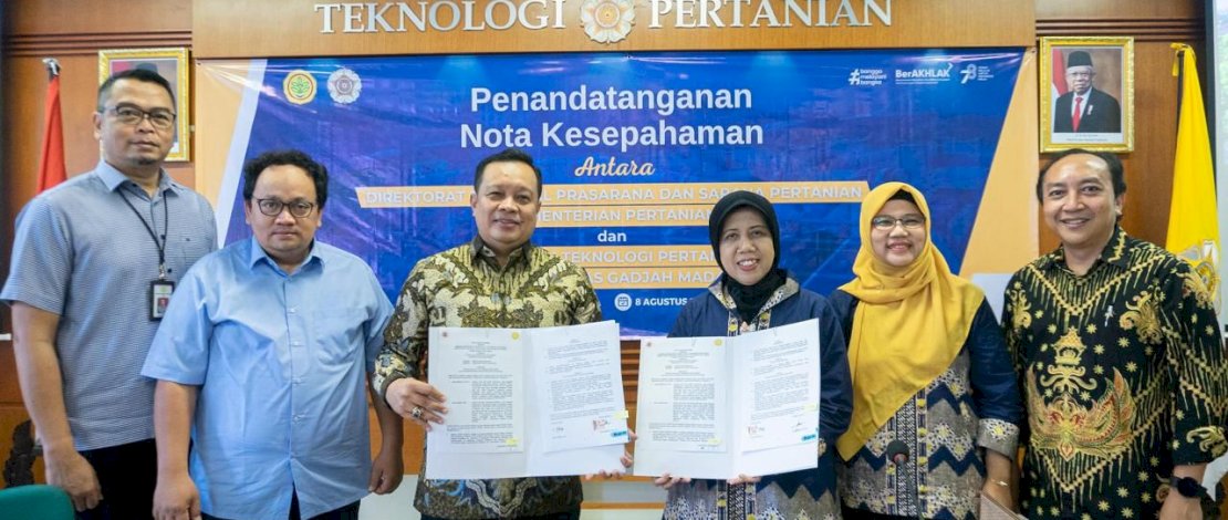 Penandatanganan Nota Kesepahaman tentang Pengujian Alat dan Mesin Pertanian dalam rangka Mendukung Sertifikasi Produk, di Fakultas Teknik Pertanian, UGM, Sleman, DIY, Selasa, 8 Agustus 2023.