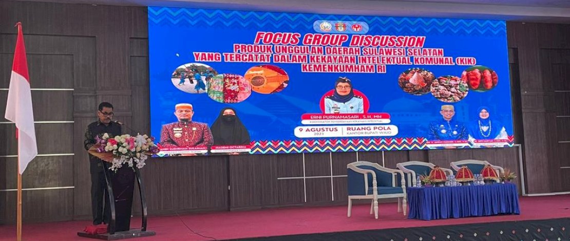 Focus Group Discussion (FGD) Produk Unggulan Daerah Sulawesi Selatan yang Tercatat Dalam Kekayaan Intelektual Komunal, di Ruang Pola Kantor Bupati Wajo, Rabu, 9 Agustus 2023.
