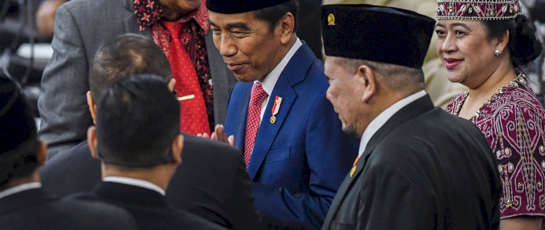 Presiden Jokowi dalam pidato Penyampaian RUU APBN Tahun Anggaran 2024 dan Nota Keuangan, di Gedung Parlemen Senayan, Rabu, 16 Agustus 2023.