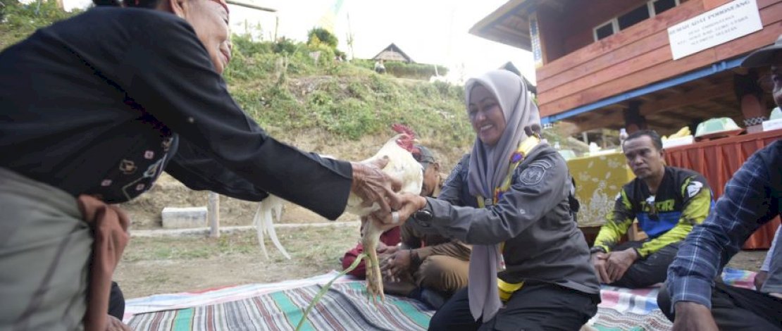 Indah Putri Indriani disambut dengan Adat Massolo oleh Tobara Pohoneang dan masyarakat adat saat tiba di Dusun Longa Desa Embonatana, Seko Tengah.