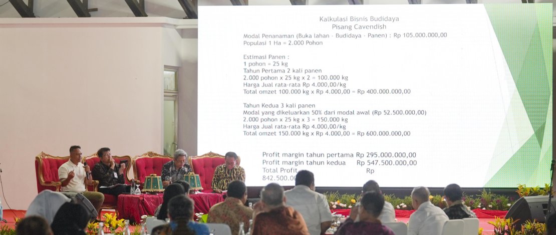 Forum Diskusi bersama Pj Gubernur Sulsel Bahtiar Baharuddin, Pj Sekretaris Daerah Andi Muhammad Arsjad, Kepala OJK Regional VI Sulawesi, Maluku, dan Papua, Darwisman, Praktisi Budidaya Pisang Rio Airlangga serta pelaku usaha budidaya pisang Welly Soegiono.