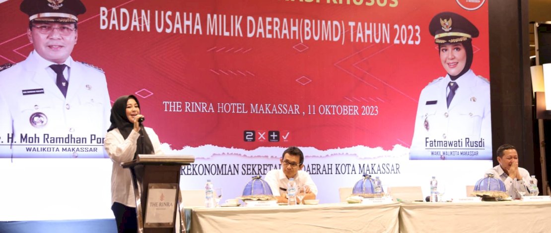 Wakil Wali Kota Makassar, Fatmawati Rusdi, membuka Rapat Koordinasi Khusus (Rakorsus) Badan Usaha Milik Daerah (BUMD) Kota Makassar yang dilaksanakan oleh Bidang Perekonomian Kota Makassar, di Hotel The Rinra, Rabu, 11 Oktober 2023.