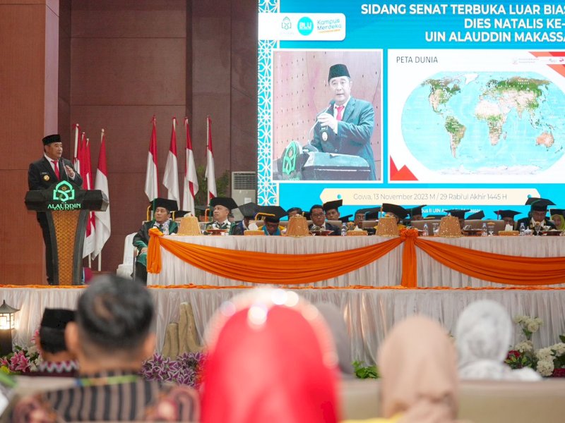 Orasi Ilmiah di Dies Natalis UIN Alauddin, Pj Gubernur Bahtiar Paparkan Lanskap Pembangunan Sulsel