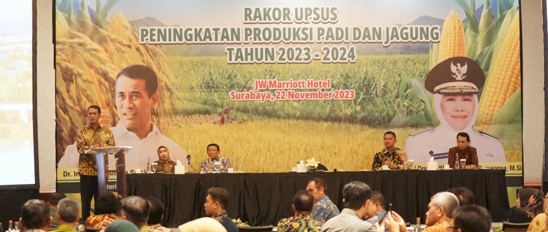 Mentan Amran pada Rakor Upsus Peningkatan Produksi Padi dan Jagung Tahun 2023-2024 di Surabaya, Rabu malam (22/11/2023).
