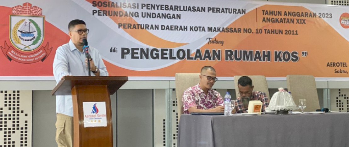 Anggota DPRD Kota Makassar, Andi Pahlevi, saat menggelar Sosialisasi penyebarluasan Perda nomor 10 tahun 2011 tentang Pengelolaan Rumah Kost, di Aerotel Smile Makassar, Sabtu (25/11/2023)