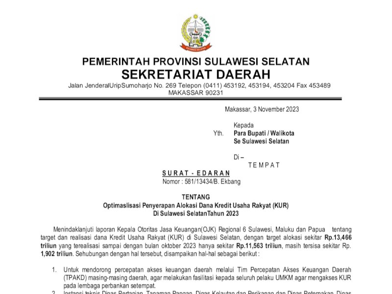 Pemprov Sulsel Keluarkan Surat Edaran Optimalisasi Penyerapan Alokasi Dana KUR