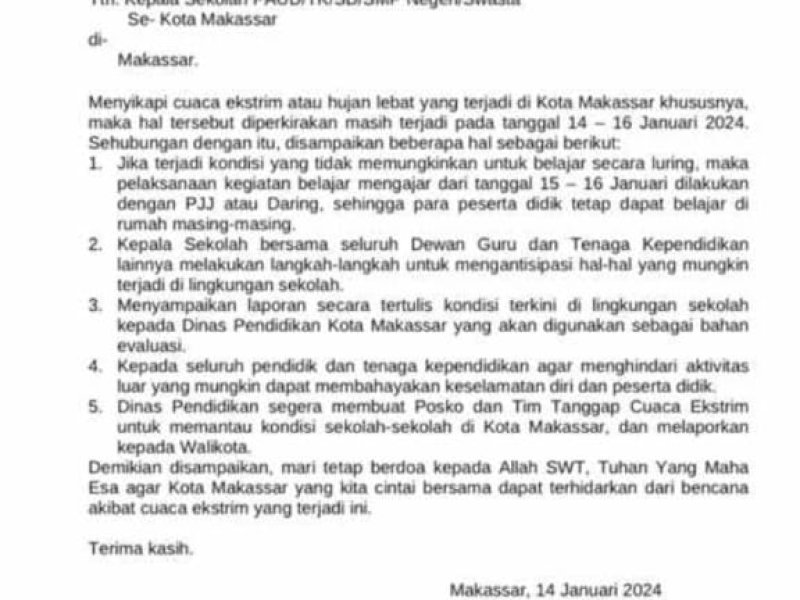 Cuaca Ekstrem, Disdik Makassar Keluarkan Edaran Belajar Daring