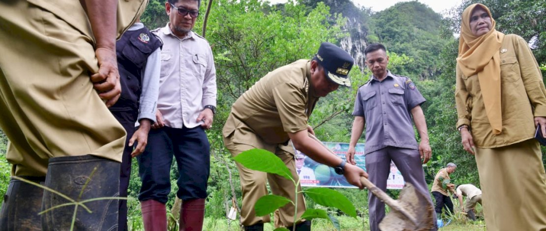 Proses penanaman pohon sukun oleh Pj Gubernur Bahtiar di Kawasan Taman Nasional Bantimurung, Selasa 30 Januari 2024.