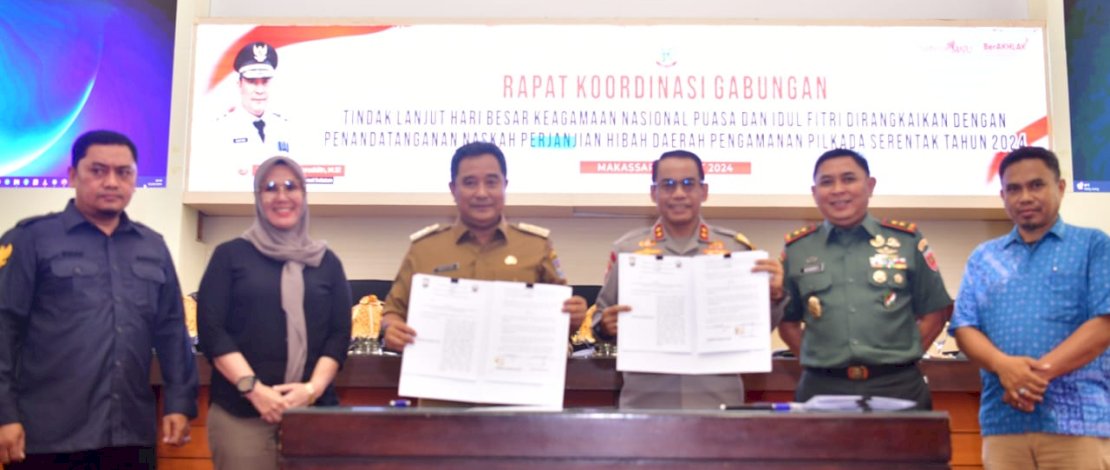 Penandatanganan NPHD Pengamanan Pilkada Serentak 2024, di Ruang Rapim Kantor Gubernur Sulsel, Selasa, 5 Maret 2024. Penandatanganan NPHD Pengamanan Pilkada Serentak 2024, di Ruang Rapim Kantor Gubernur Sulsel, Selasa, 5 Maret 2024.