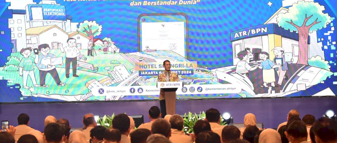 Mentan Amran saat memberi arahan pada Rakornas ATR/BPN, di Hotel Shangri-la Jakarta, Kamis, 7 Maret 2024.