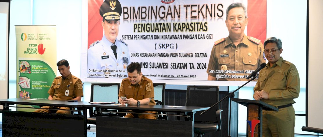 Dinas Ketahanan Pangan Provinsi Sulsel menggelar Bimbingan Teknis Penguatan Kapasitas Sistem Peringatan Dini Kewaspadaan Pangan dan Gizi (SKPG) Tahun Anggaran 2024, di Hotel Vakasa Makassar, Selasa, 26 Maret 2024. Dinas Ketahanan Pangan Provinsi Sulsel menggelar Bimbingan Teknis Penguatan Kapasitas Sistem Peringatan Dini Kewaspadaan Pangan dan Gizi (SKPG) Tahun Anggaran 2024, di Hotel Vakasa Makassar, Selasa, 26 Maret 2024.